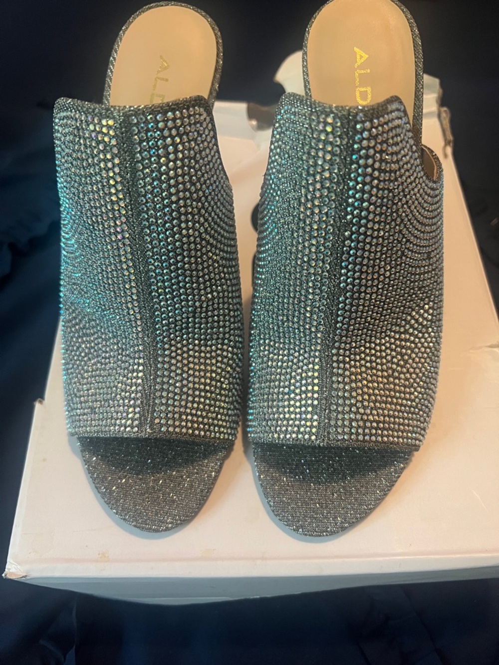 Aldo Black Crystal-Embellished Open-Toe Mules